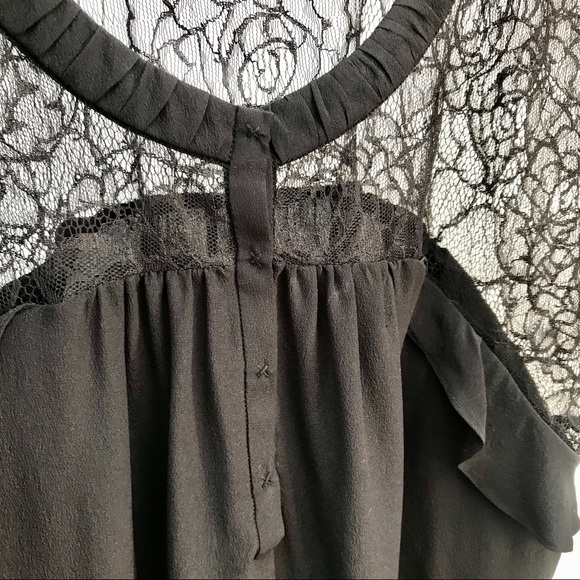 Rebecca Taylor lace black ruffle short sleeve blouse. Yellow corset tie back. SM - Picture 12 of 13